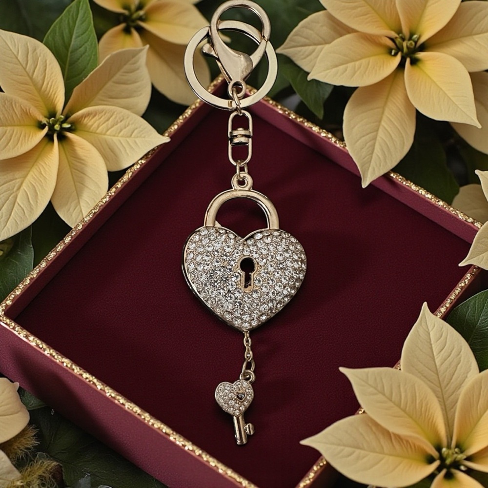 Gold Heart Lock Keychain & Bag Charm with‎ Crystal Heart Lock & Key